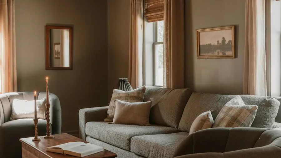 Close-up of different fabric textures on furniture in a naturally lit living room setting