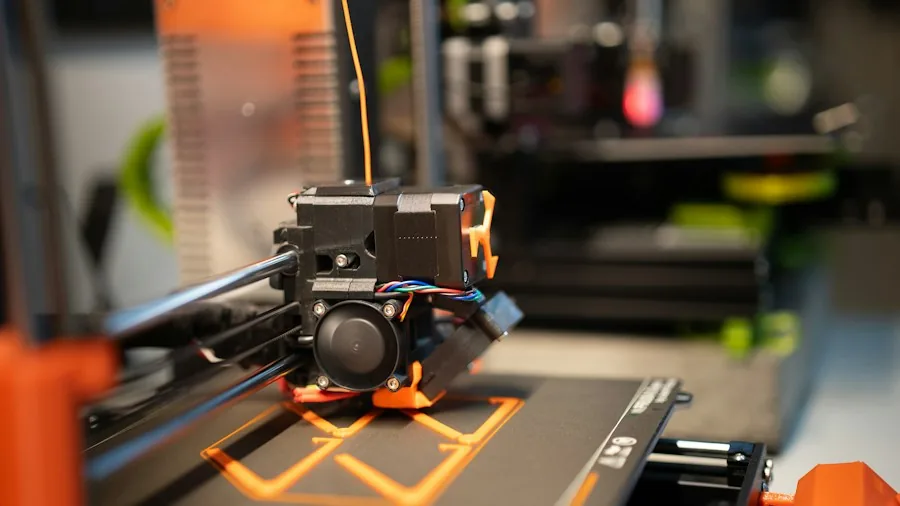 Person examining detailed 3D printed prototype in maker workspace with tools and materials