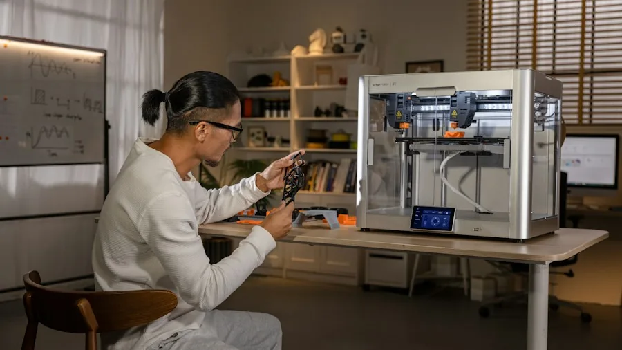 Person measuring a large 3D printed prototype with calipers in a workshop setting