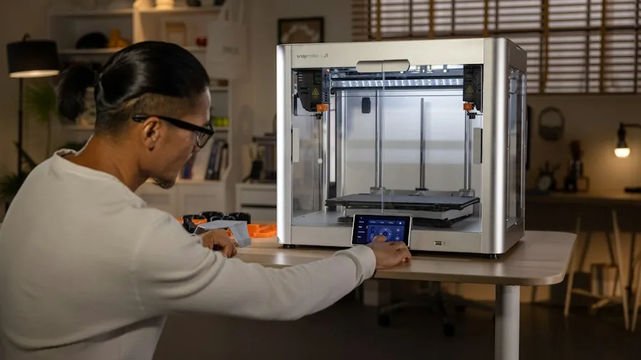 Person observing 3D printer in progress, waiting for completed object in home workshop
