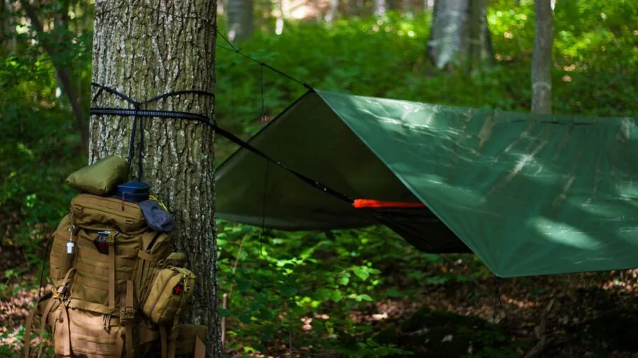 Person relaxing in a hammock strung between trees in a natural outdoor setting during daytime