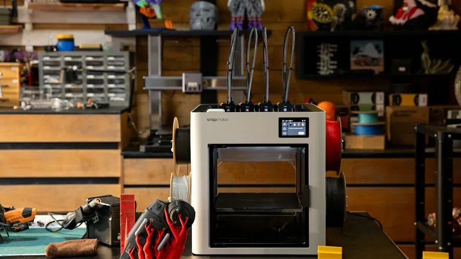 Person setting up a 3D printer in a home workshop with tools and materials visible